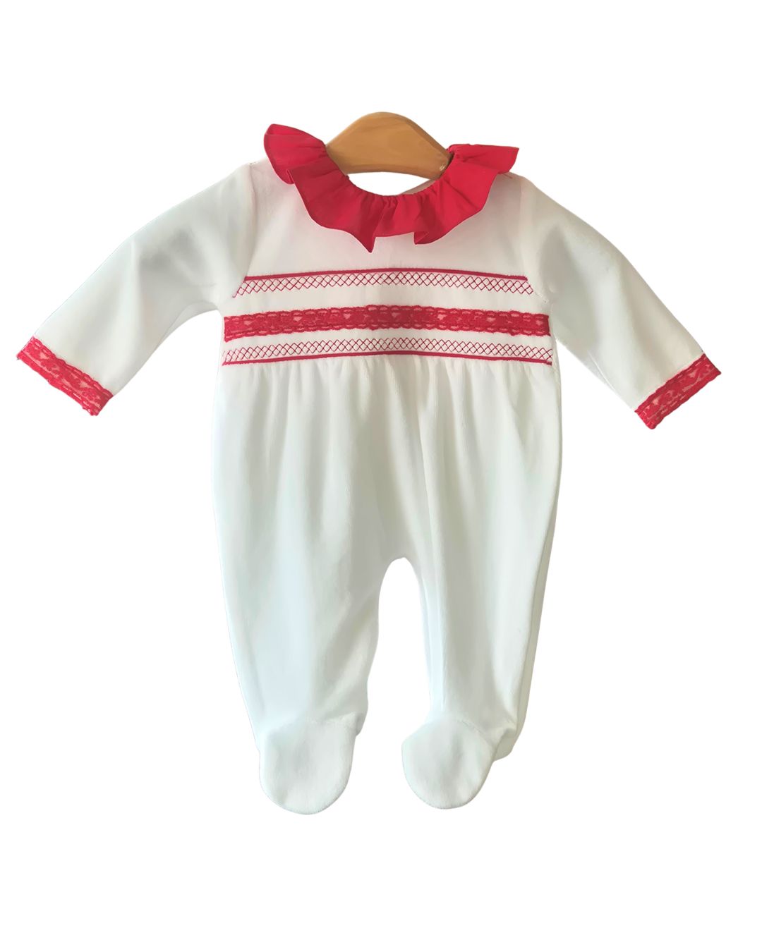 Baby white velour sleepsuit with red embroidered smocking