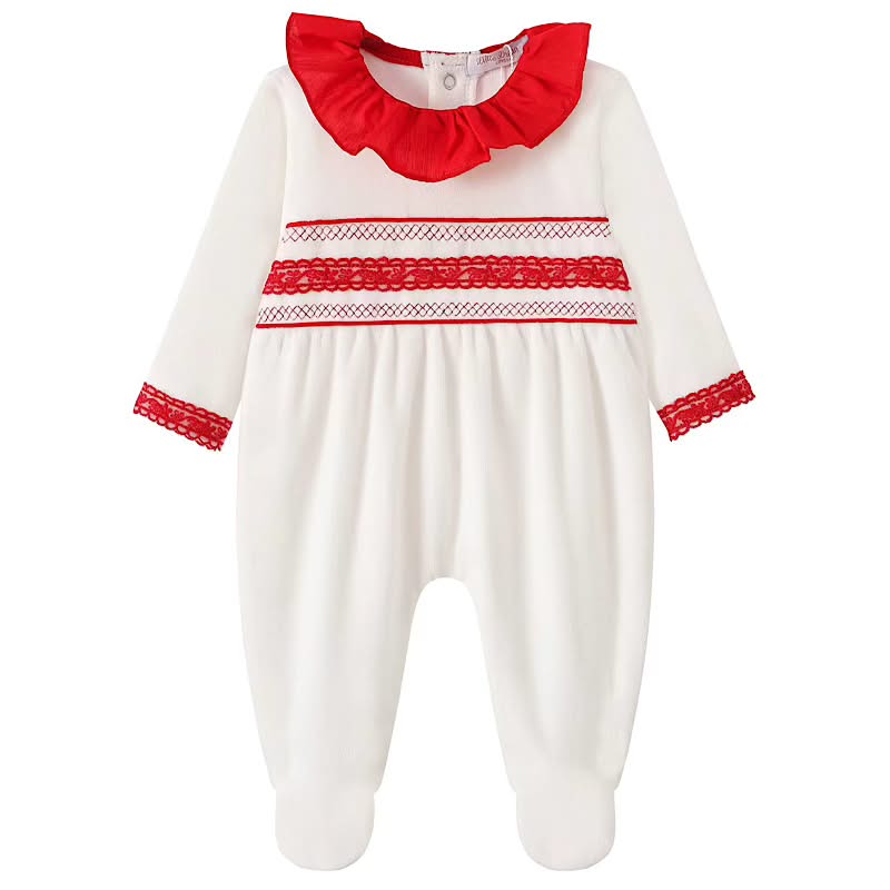 Baby white and red smocked velour sleepsuit with frill neckline