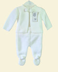 White knitted pom pom cardigan and trousers baby set