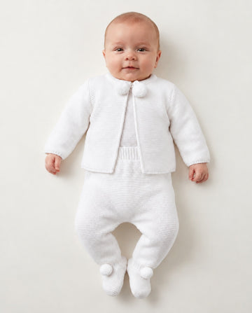 White Knitted Pom Pom Baby Set | Portuguese Knitwear