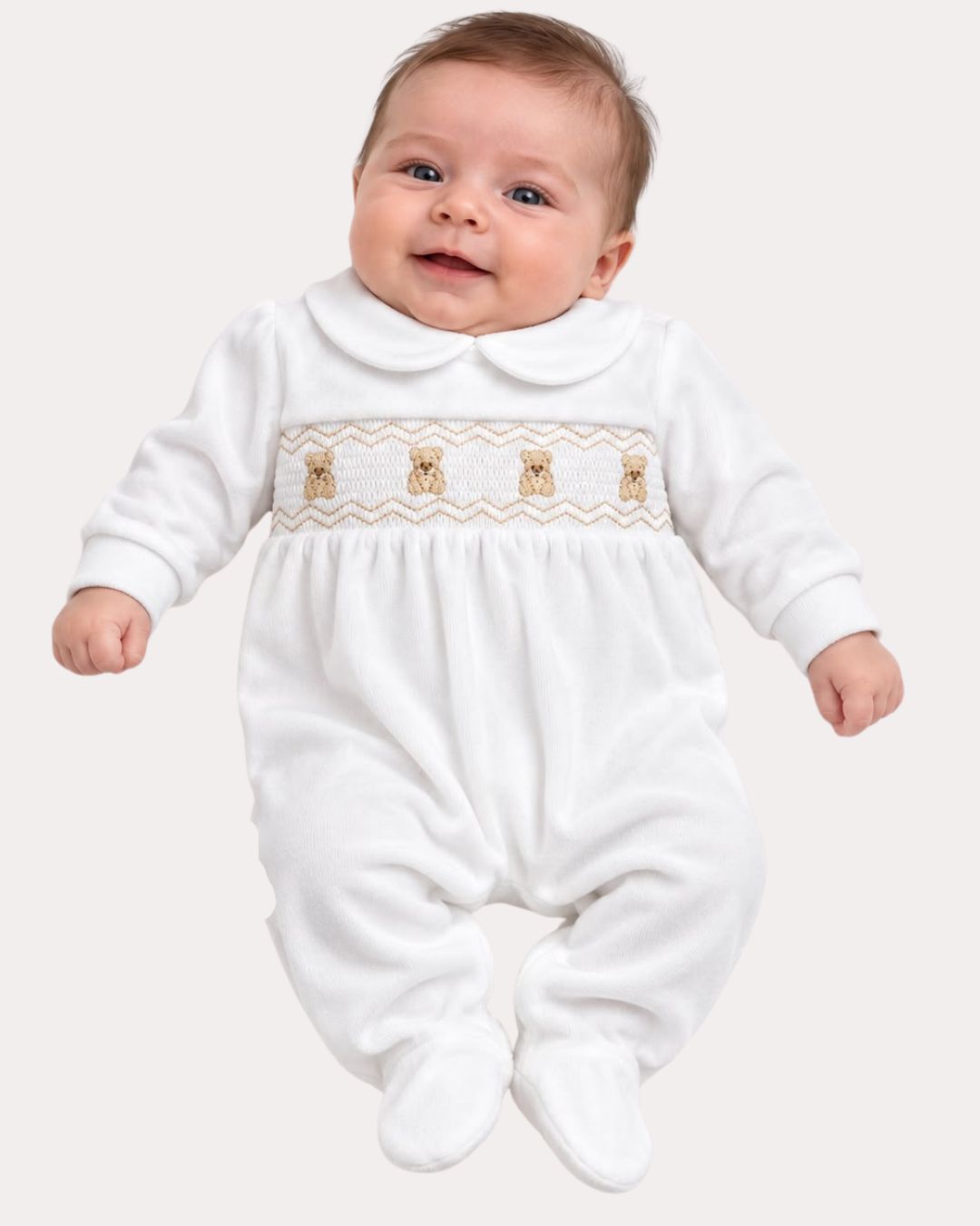 Kleo Kids white velour smocked teddy sleepsuit with beige embroidery and Peter Pan collar