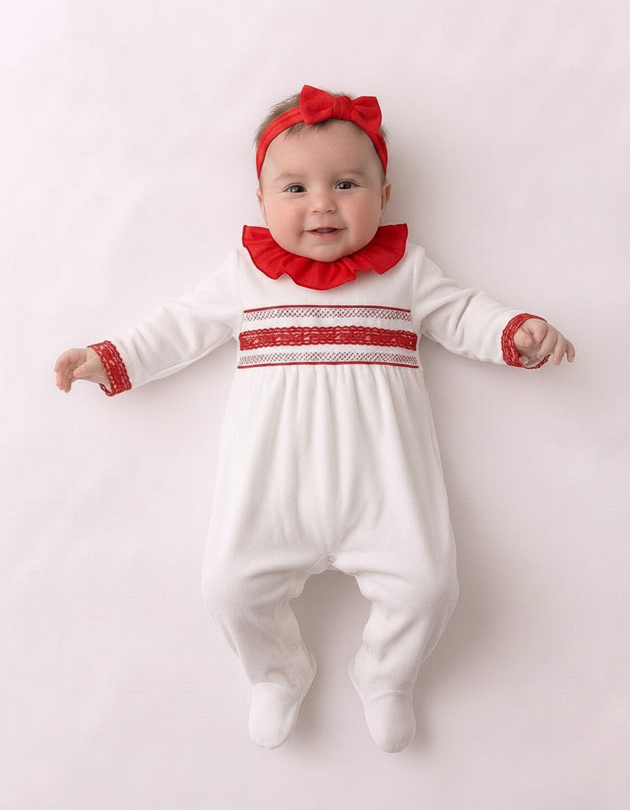 Baby white and red smocked velour sleepsuit with frill neckline