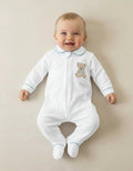 White velour teddy bear sleepsuit for baby boys