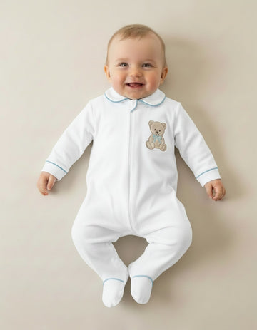 White velour teddy bear sleepsuit for baby boys