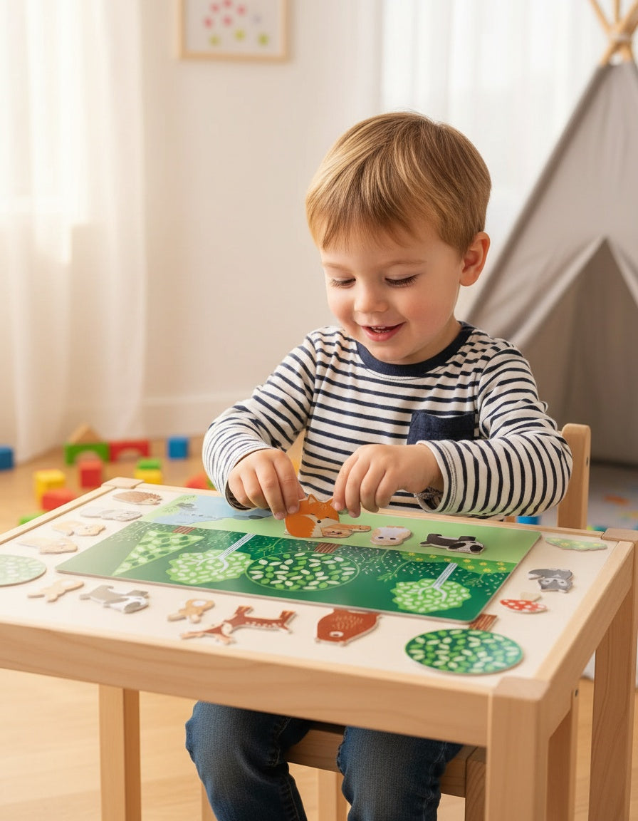 A young child sitting at a light wood table, playing with a green forest-themed magnetic puzzle board and animal pieces in a bright, softly lit room.