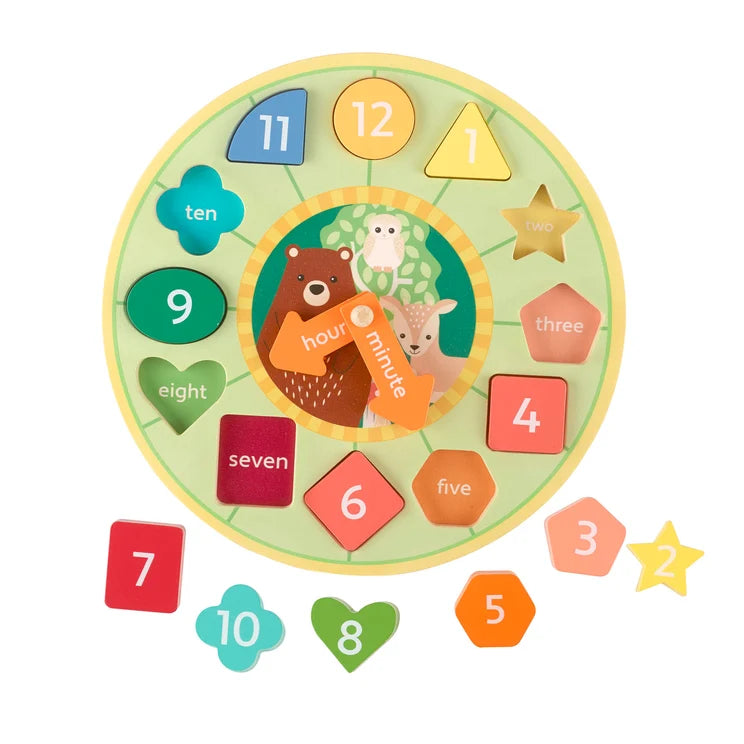 Bright woodland sorting clock made from wood perfect for colours, numbers and telling the time 
